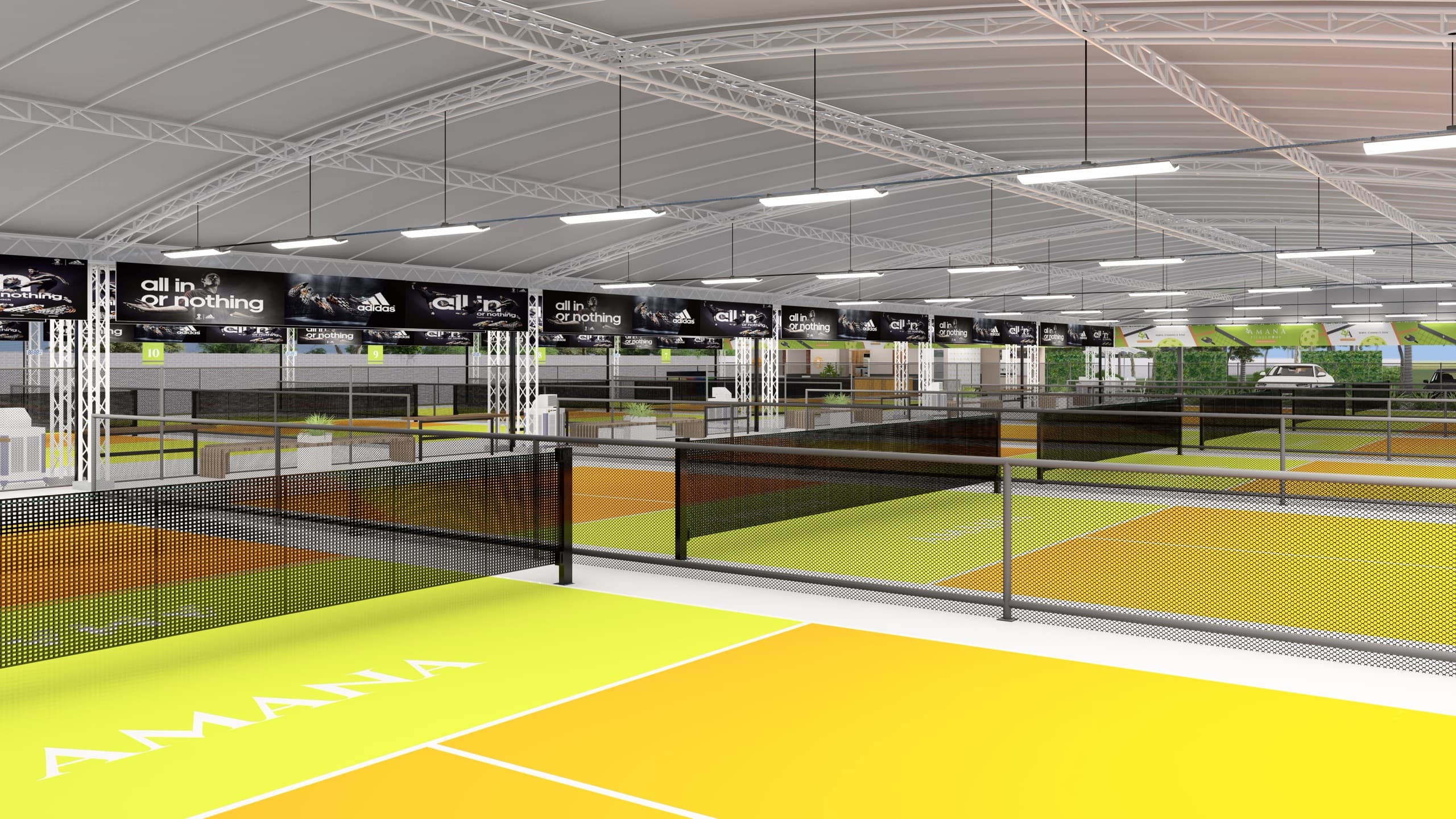 Rows of netted pickleball courts under the dome’s lit steel roof