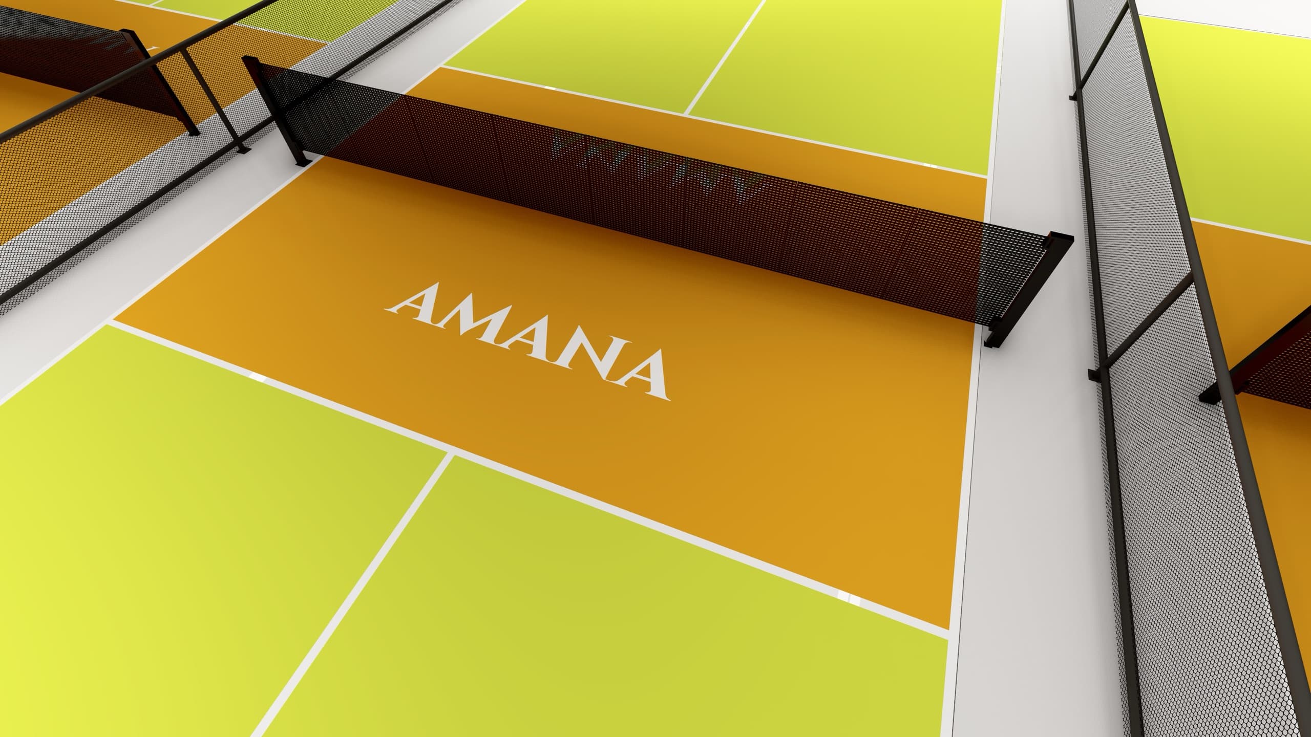 Overhead view of an Amana-branded court and its net