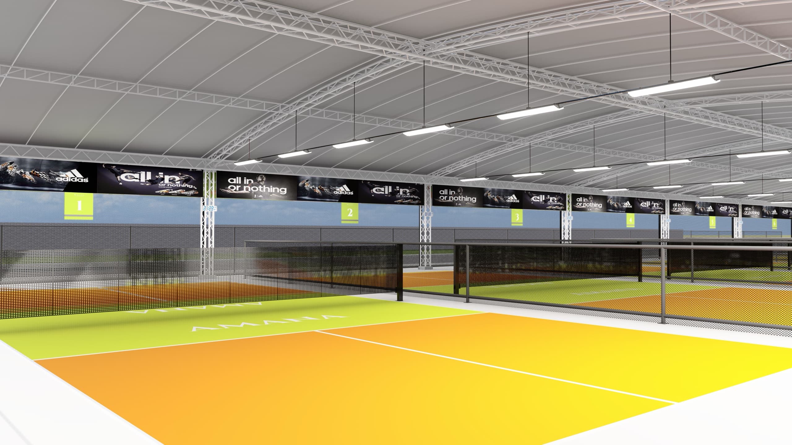 Numbered courts running the length of the dome